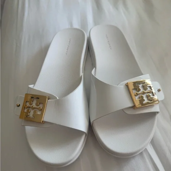 Tory Burch White Slides with Gold Accent - Picture 2 of 8
